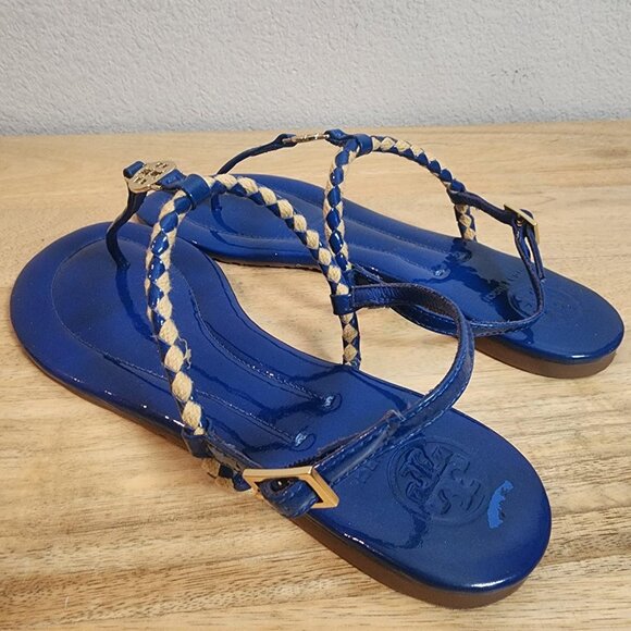 Tory Burch Sandals Womens Size 8 Blue Patent Leather Braided Thong Gold Logo - Picture 4 of 14
